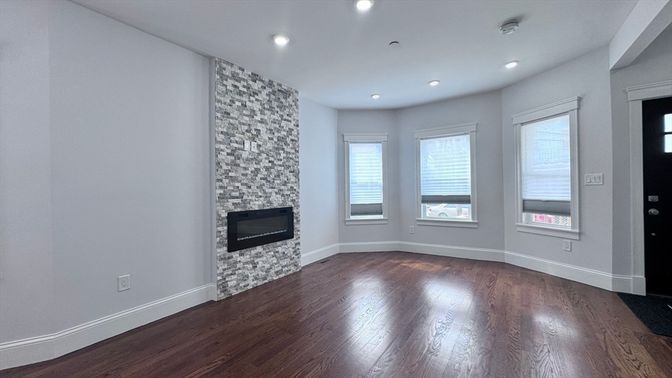 Empty room, Fireplace, Interior, Recessed Lighting, Wood Texture Flooring