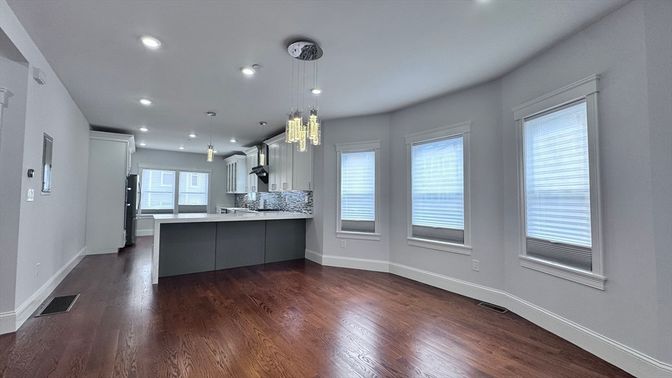 Interior, Kitchen, Pendant Lights, Recessed Lighting, Wood Texture Flooring