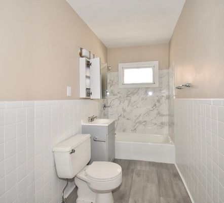 Bathroom, Interior, Marble Walls, Wood Texture Flooring
