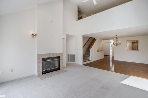 Chandelier, Empty room, Fireplace, Interior, Wood Texture Flooring