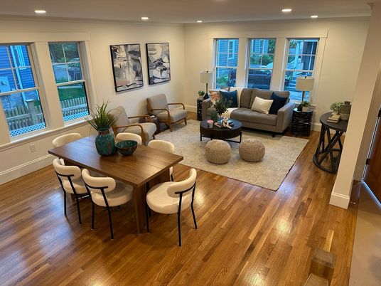 Dining room, Interior, Living room, Recessed Lighting, Wood Texture Flooring