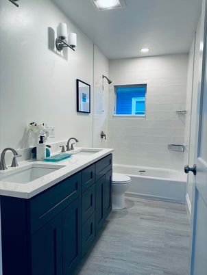 Bathroom, Dual Sink Vanities, Interior, Recessed Lighting, Wood Texture Flooring