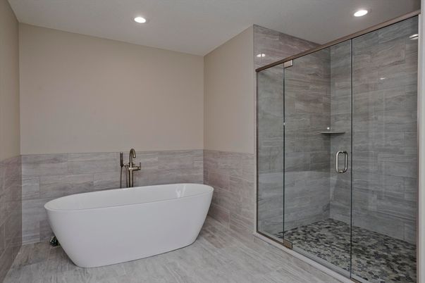 Bathroom, Free Standing Baths, Glass Shower, Interior, Recessed Lighting