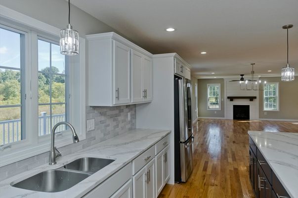 Fireplace, Interior, Kitchen, Pendant Lights, Recessed Lighting, Wood Texture Flooring