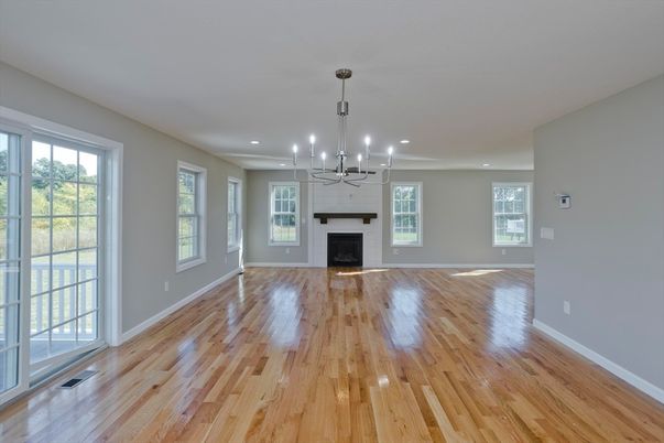 Empty room, Fireplace, Interior, Pendant Lights, Recessed Lighting, Wood Texture Flooring