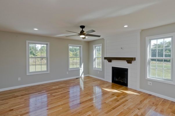 Empty room, Fireplace, Interior, Recessed Lighting, Wood Texture Flooring