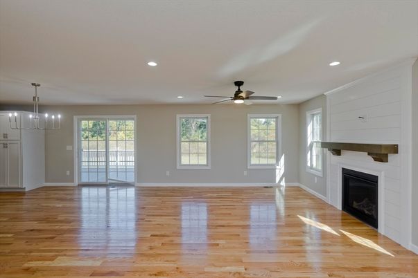 Empty room, Fireplace, Interior, Recessed Lighting, Wood Texture Flooring