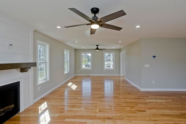 Empty room, Fireplace, Interior, Recessed Lighting, Wood Texture Flooring