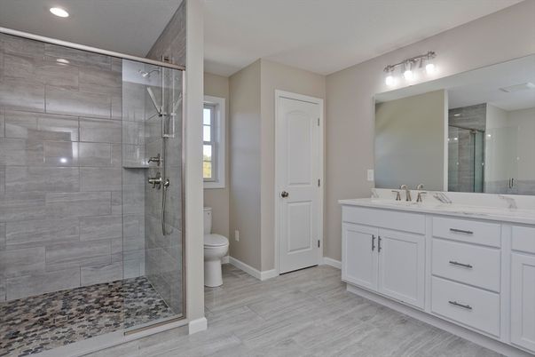 Bathroom, Dual Sink Vanities, Glass Shower, Interior, Recessed Lighting