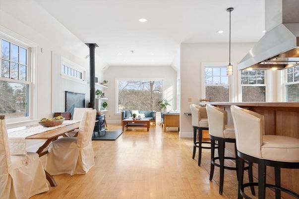 Dining room, Fireplace, Interior, Living room, Pendant Lights, Recessed Lighting, Wood Texture Flooring