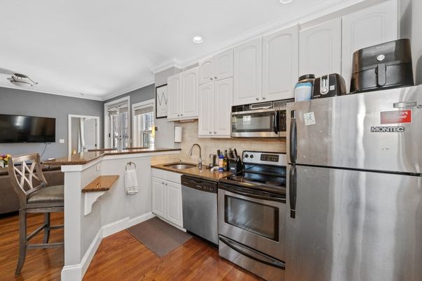 Interior, Kitchen, Recessed Lighting, Stainless Steel Appliances, Wood Texture Flooring