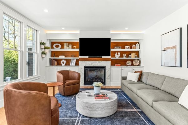 Fireplace, Interior, Living room, Recessed Lighting, Wood Texture Flooring