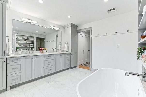 Bathroom, Dual Sink Vanities, Free Standing Baths, Interior, Marble, Marble Walls, Recessed Lighting
