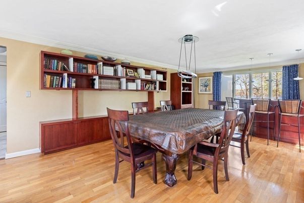 Dining room, Interior, Pendant Lights, Wood Texture Flooring