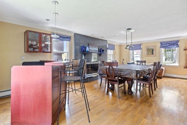 Dining room, Interior, Pendant Lights, Recessed Lighting, Wood Texture Flooring