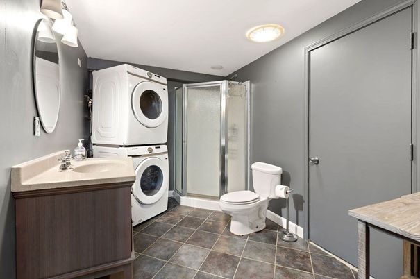 Bathroom, Glass Shower, Interior, Recessed Lighting, Washer