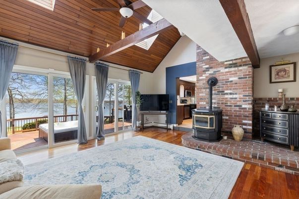 Fireplace, Interior, Stone Walls, Water, Wooden Beams, Wooden Ceilings, Wood Texture Flooring