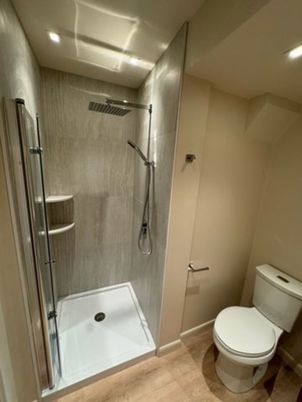 Bathroom, Glass Shower, Interior, Recessed Lighting, Wood Texture Flooring