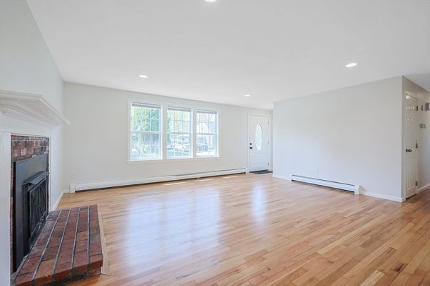 Empty room, Fireplace, Interior, Recessed Lighting, Wood Texture Flooring