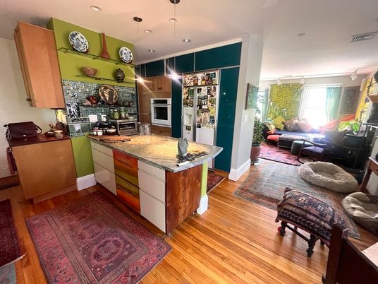 Interior, Kitchen, Living room, Pendant Lights, Recessed Lighting, Wood Texture Flooring