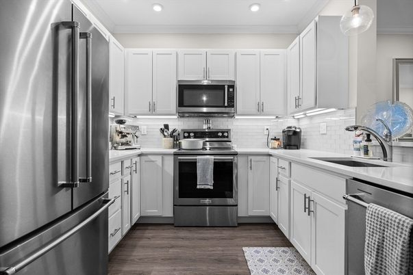 Interior, Kitchen, Pendant Lights, Recessed Lighting, Stainless Steel Appliances, Wood Texture Flooring