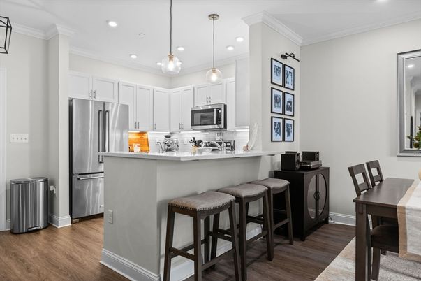 Interior, Kitchen, Pendant Lights, Recessed Lighting, Stainless Steel Appliances, Wood Texture Flooring
