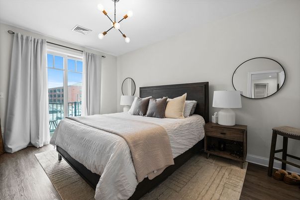 Bedroom, Interior, Pendant Lights, Wood Texture Flooring