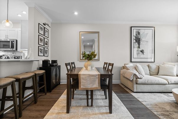 Dining room, Interior, Kitchen, Living room, Pendant Lights, Recessed Lighting, Wood Texture Flooring