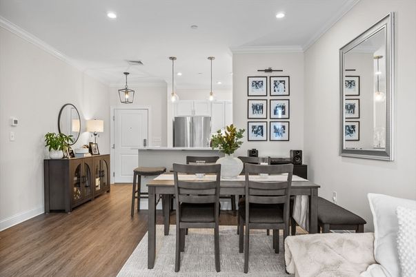 Dining room, Interior, Kitchen, Pendant Lights, Recessed Lighting, Stainless Steel Appliances, Wood Texture Flooring