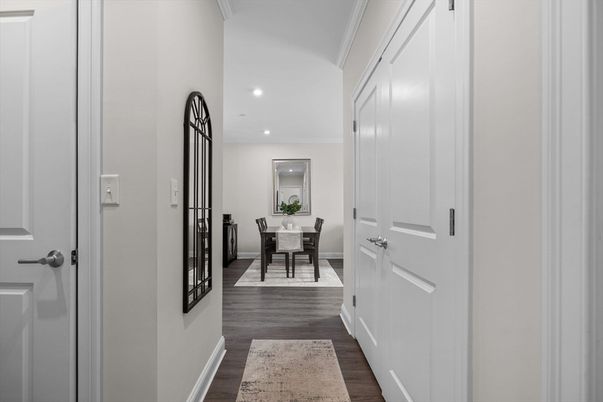 Dining room, Interior, Recessed Lighting, Wood Texture Flooring