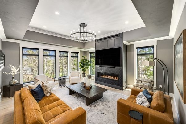 Chandelier, Fireplace, Interior, Living room, Recessed Lighting, Wood Texture Flooring