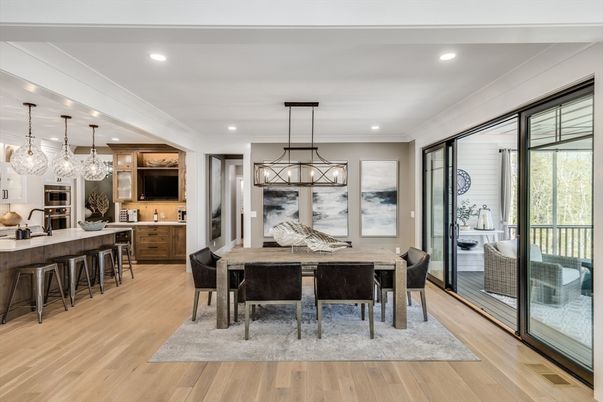 Chandelier, Dining room, Interior, Pendant Lights, Recessed Lighting, Wood Texture Flooring