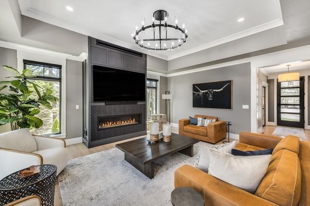 Chandelier, Fireplace, Interior, Living room, Recessed Lighting, Wood Texture Flooring