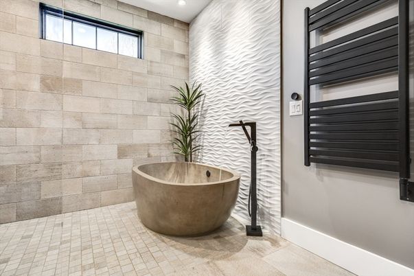 Bathroom, Free Standing Baths, Interior, Recessed Lighting, Stone Walls