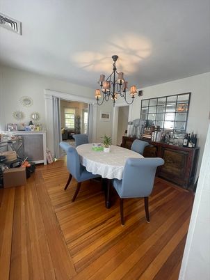 Chandelier, Dining room, Interior, Wood Texture Flooring