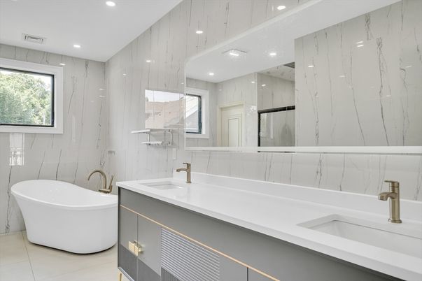 Bathroom, Dual Sink Vanities, Free Standing Baths, Interior, Marble Walls, Recessed Lighting