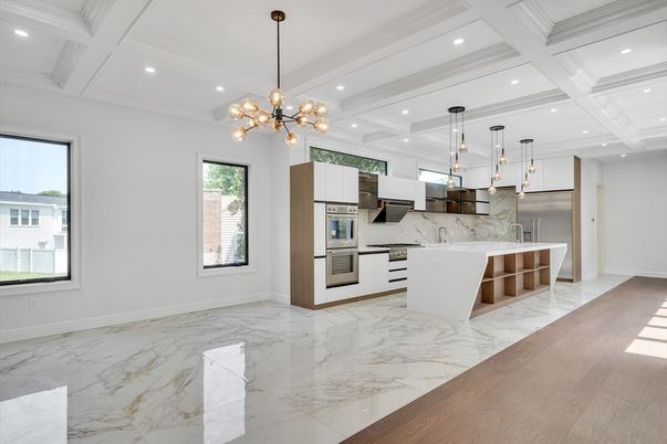 Interior, Kitchen, Marble, Pendant Lights, Recessed Lighting, Stainless Steel Appliances
