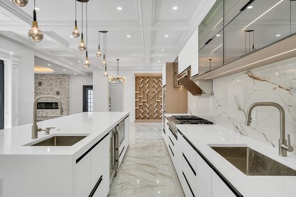 Fireplace, Interior, Kitchen, Marble, Pendant Lights, Recessed Lighting, Stone Walls