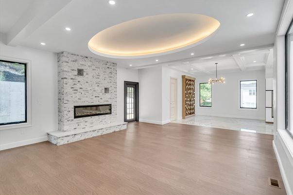 Chandelier, Empty room, Fireplace, Interior, Marble, Recessed Lighting, Wood Texture Flooring