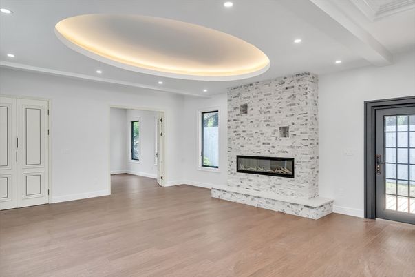 Empty room, Fireplace, Interior, Recessed Lighting, Wood Texture Flooring