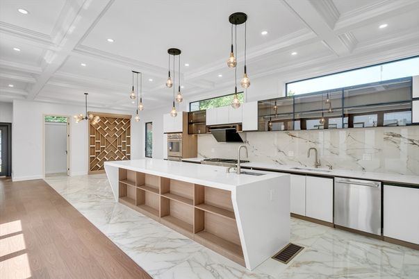Interior, Kitchen, Marble, Pendant Lights, Recessed Lighting, Stainless Steel Appliances