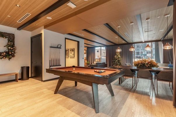 Billiard Table, Game Room, Interior, Pendant Lights, Recessed Lighting, Wooden Beams, Wooden Ceilings, Wood Texture Flooring