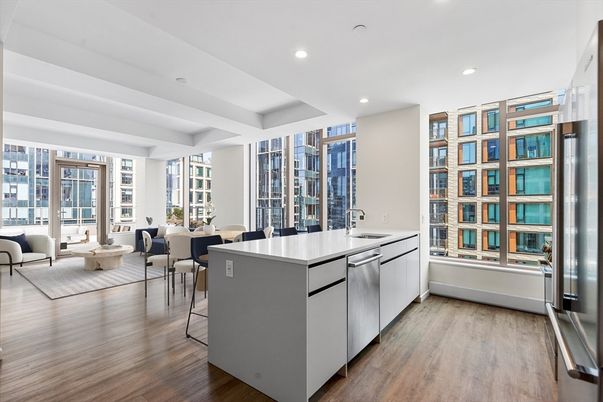 Dining room, Interior, Kitchen, Living room, Recessed Lighting, Stainless Steel Appliances, Wood Texture Flooring
