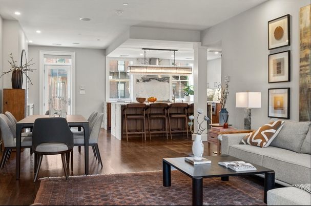 Dining room, Interior, Living room, Recessed Lighting, Wood Texture Flooring