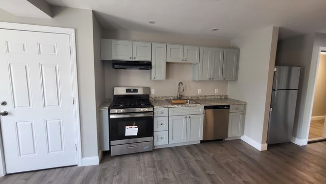 Interior, Kitchen, Recessed Lighting, Stainless Steel Appliances, Wood Texture Flooring