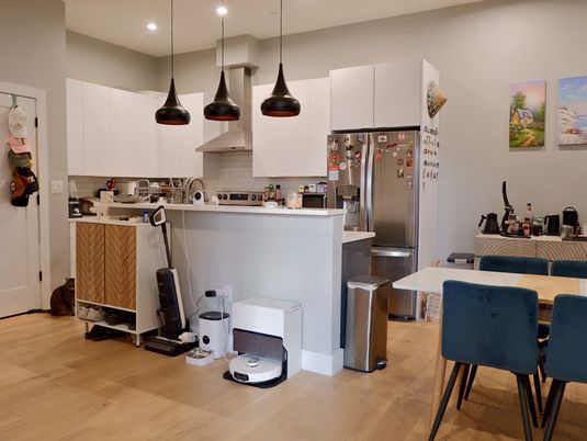 Interior, Kitchen, Pendant Lights, Recessed Lighting, Stainless Steel Appliances, Wood Texture Flooring