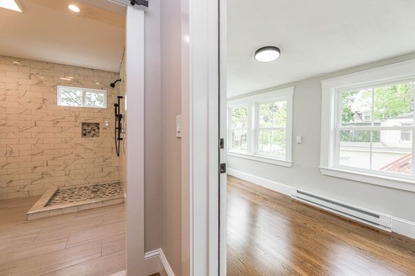 Bathroom, Glass Shower, Interior, Recessed Lighting, Wood Texture Flooring