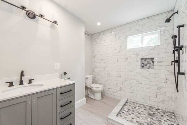 Bathroom, Glass Shower, Interior, Marble Walls, Recessed Lighting, Wood Texture Flooring