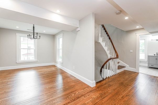 Empty room, Interior, Pendant Lights, Recessed Lighting, Wood Texture Flooring