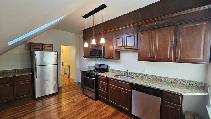 Interior, Kitchen, Pendant Lights, Stainless Steel Appliances, Wood Texture Flooring